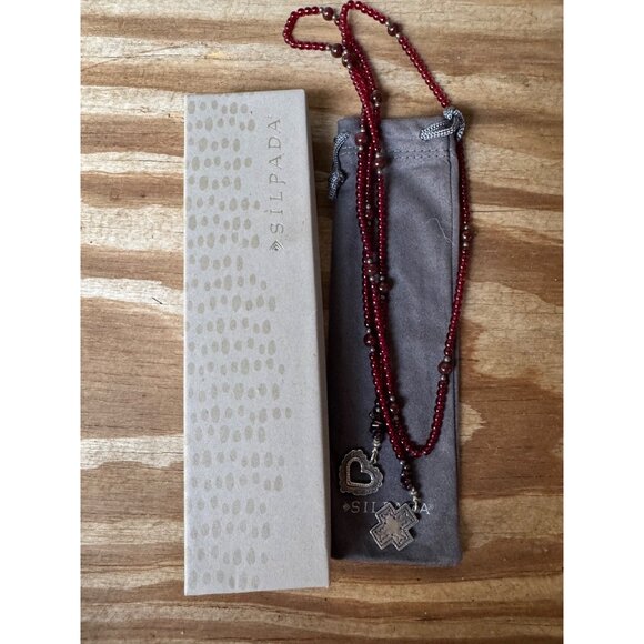 Silpada Garnet Lariat Cross & Heart Pendant Necklace With Box & Pouch - Picture 1 of 5